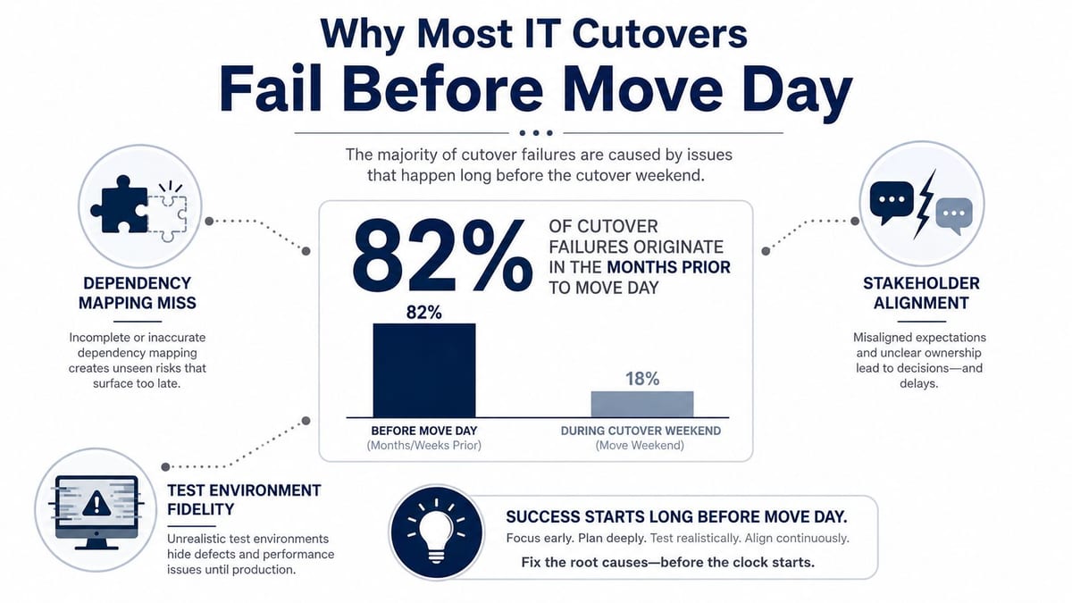 An infographic titled Why Most IT Cutovers Fail Before Move Day, highlighting that 82% of failures occur months prior.