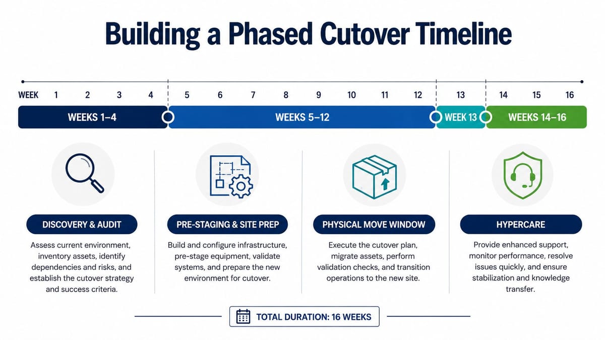 A 16-week phased cutover timeline chart illustrating steps from discovery and audit to hypercare and stabilization.
