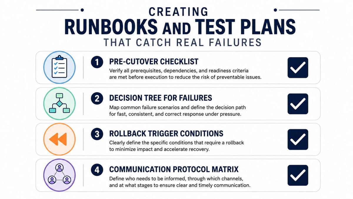 A four-step checklist infographic for creating effective runbooks and test plans to prevent system failures.