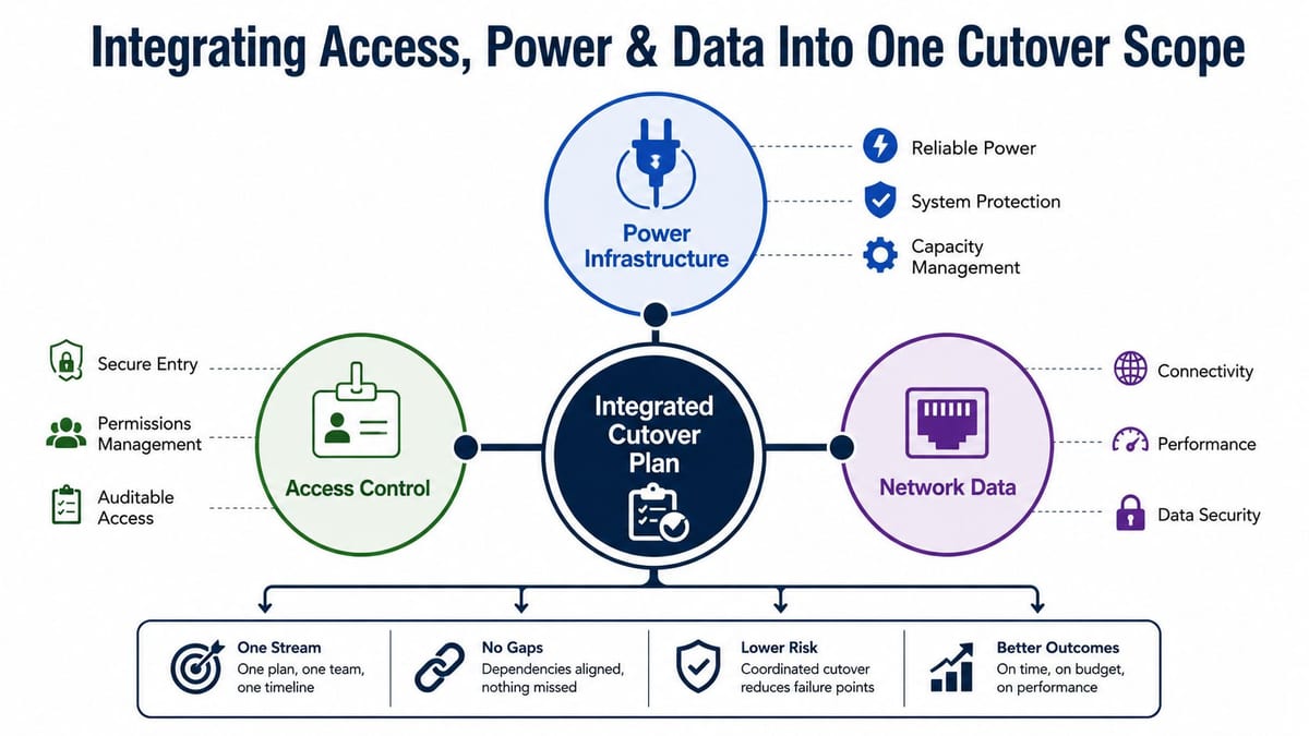 A diagram illustrating an integrated cutover plan for power infrastructure, access control, and network data management.