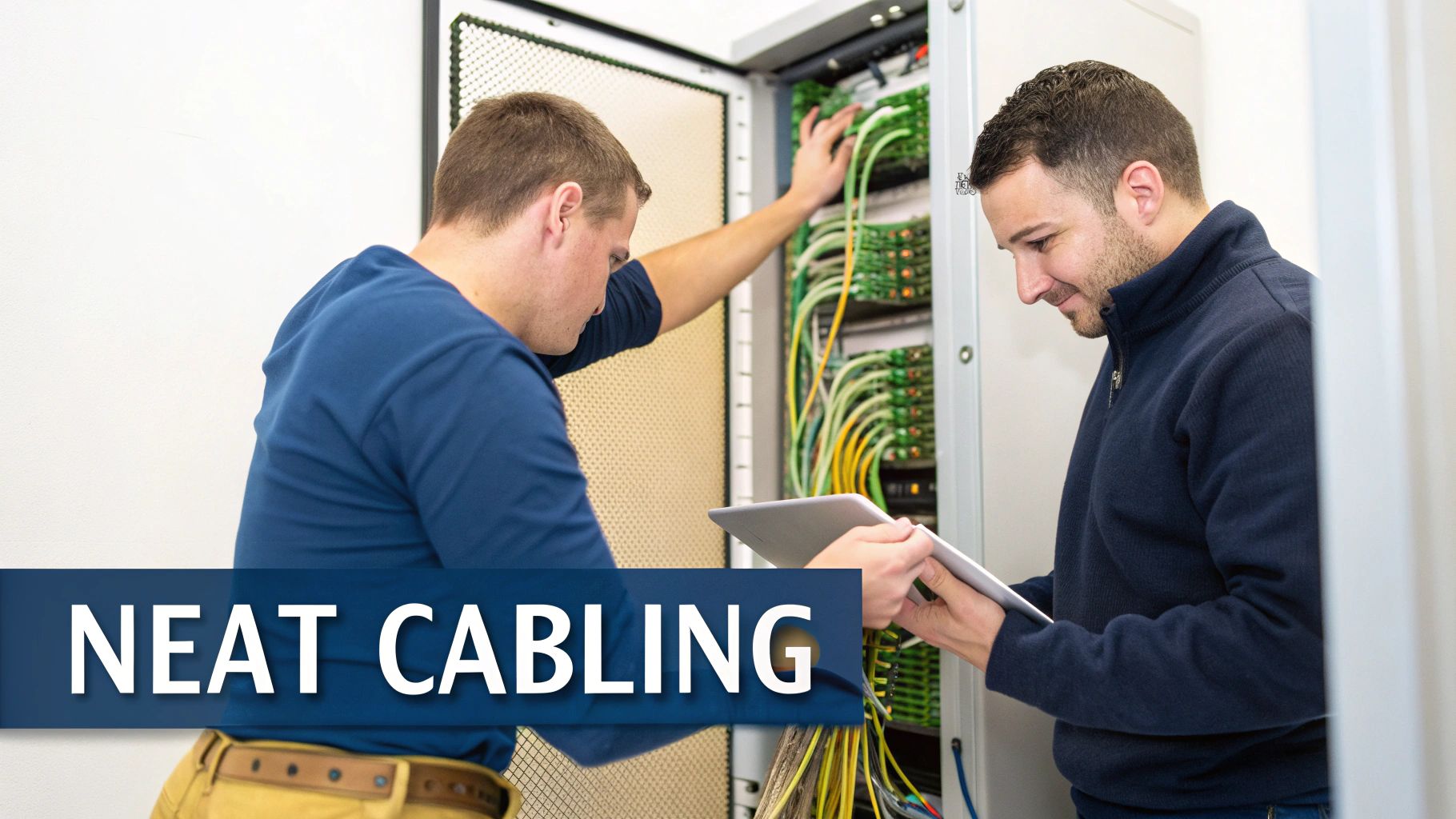 Two IT technicians inspect neatly organized data cables in a server rack, one using a tablet.