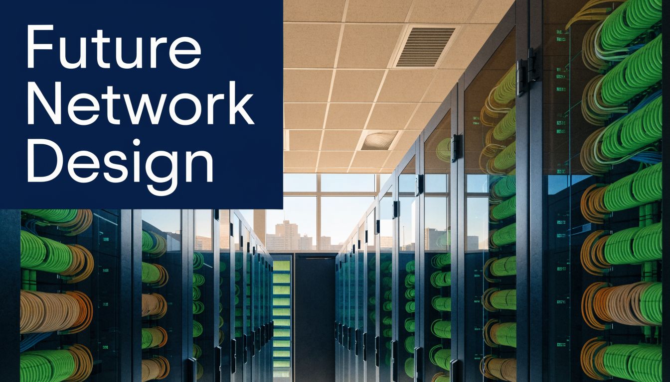A modern data center featuring neat rows of server cabinets filled with green and orange ethernet cables.