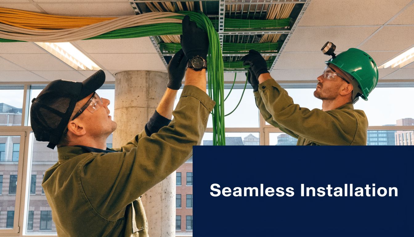 Two technicians in hard hats and safety gear installing data cabling through a ceiling mount system.