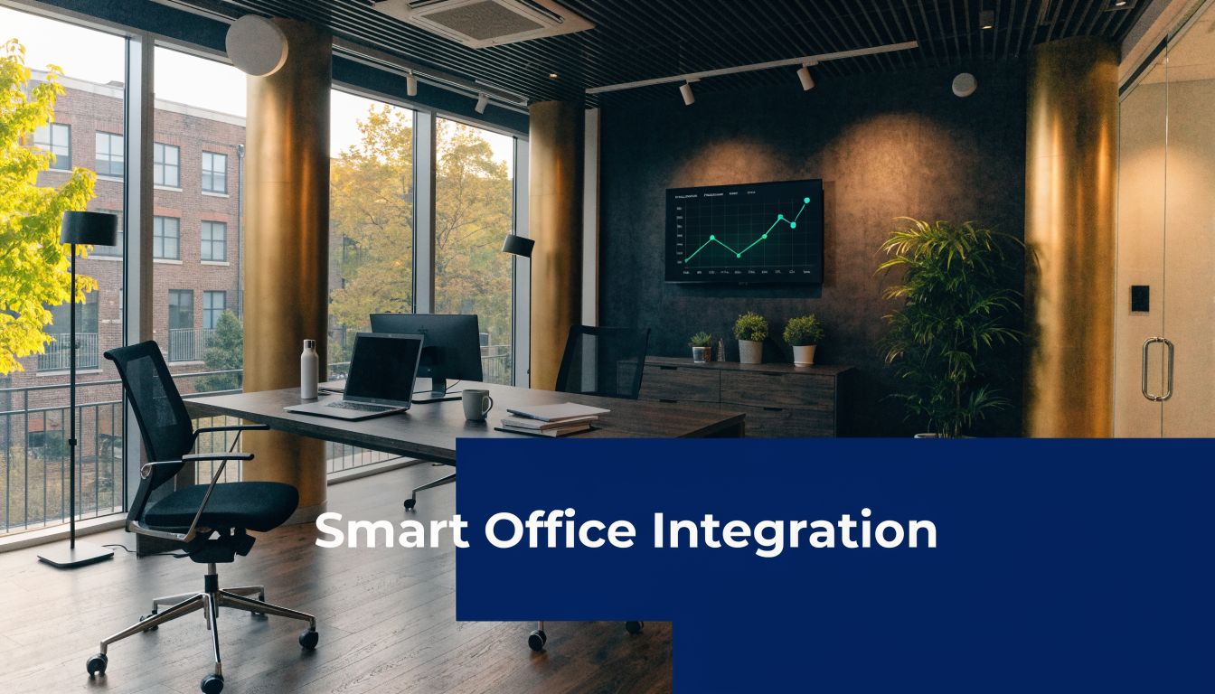 A professional modern office workspace with large windows, desk, laptop, and a digital performance data graph.