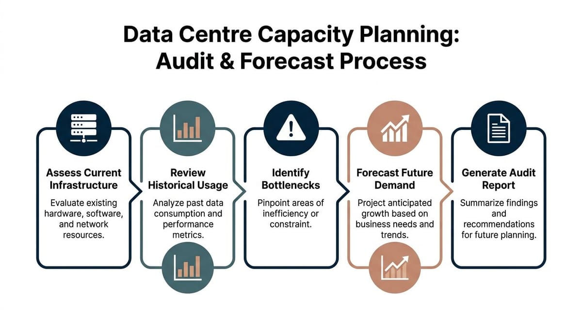 A process flow diagram showing five steps for auditing and forecasting data centre capacity planning requirements.