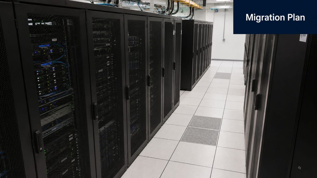 Rows of black server cabinets inside a clean and professional modern data center facility.