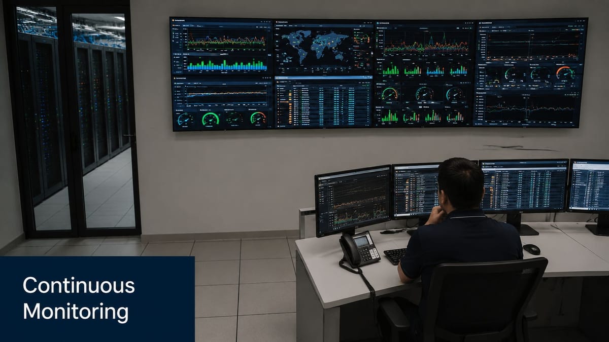 A technician working at a desk in a data center monitoring server performance on large wall screens.