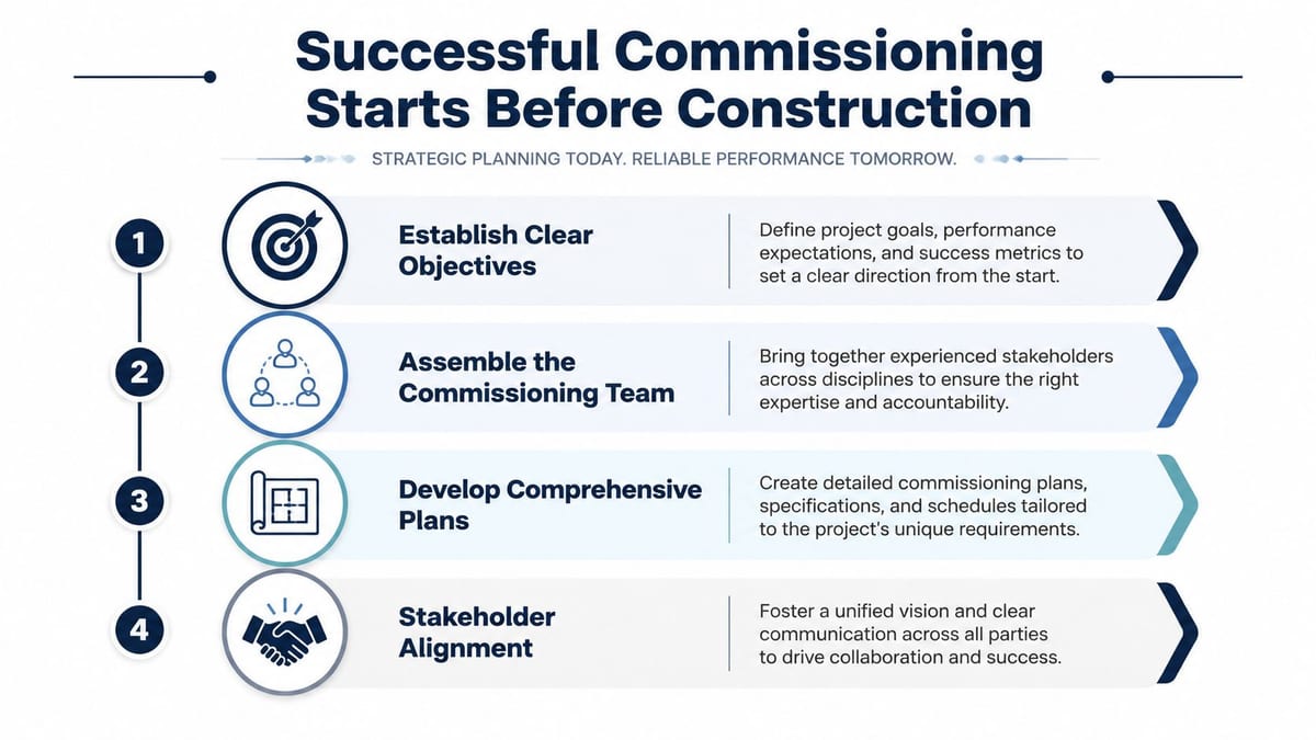 A four-step infographic illustrating the essential strategic planning phases for successful building commissioning before construction begins.