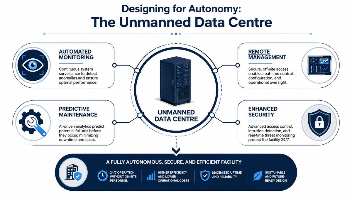 A diagram illustrating the four key components of an unmanned data centre for autonomous facility management.