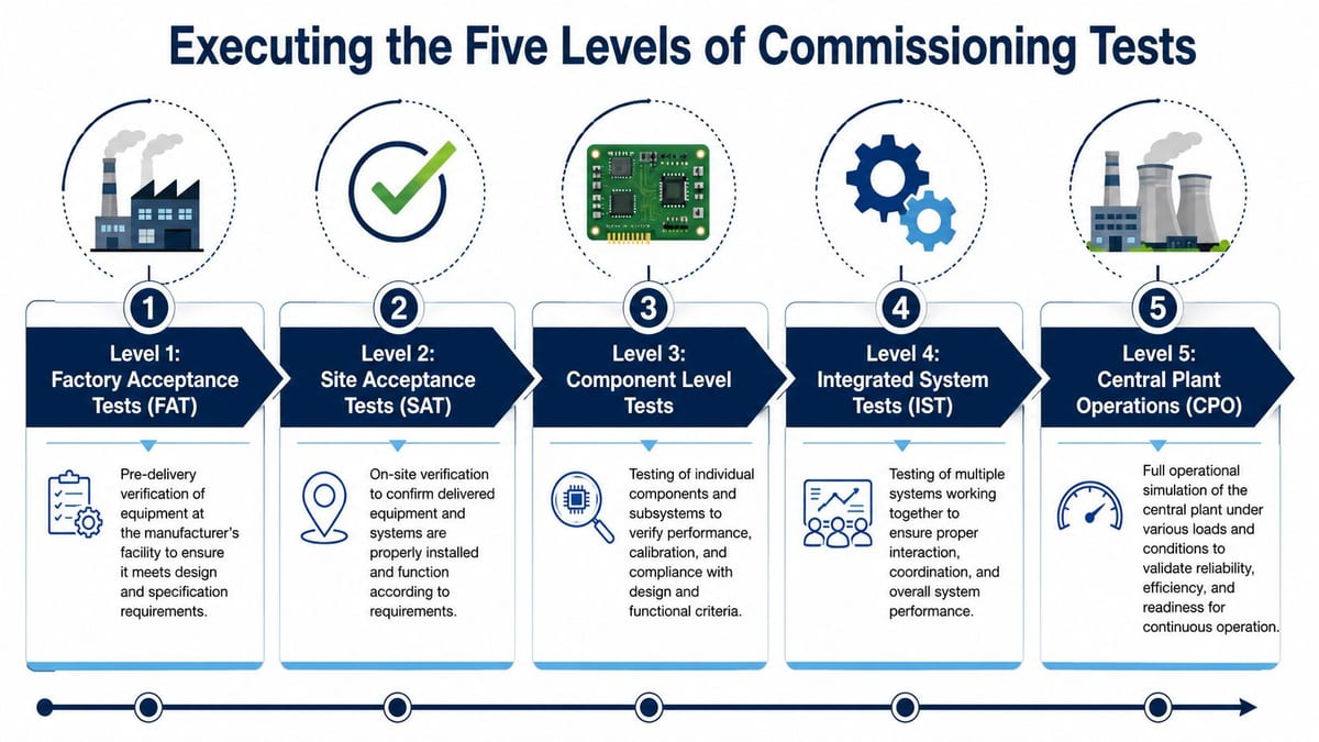 A diagram illustrating the five levels of commissioning tests for industrial and data center facility systems.