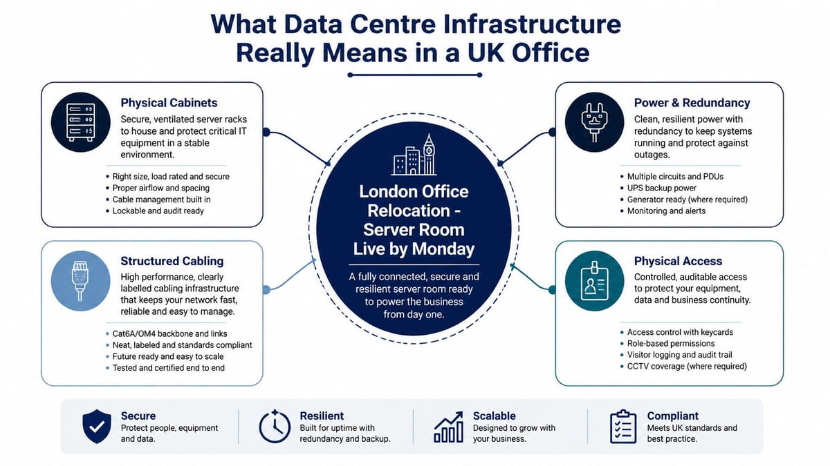 An infographic detailing essential components for UK office data centre infrastructure including cabinets, cabling, power, and security.