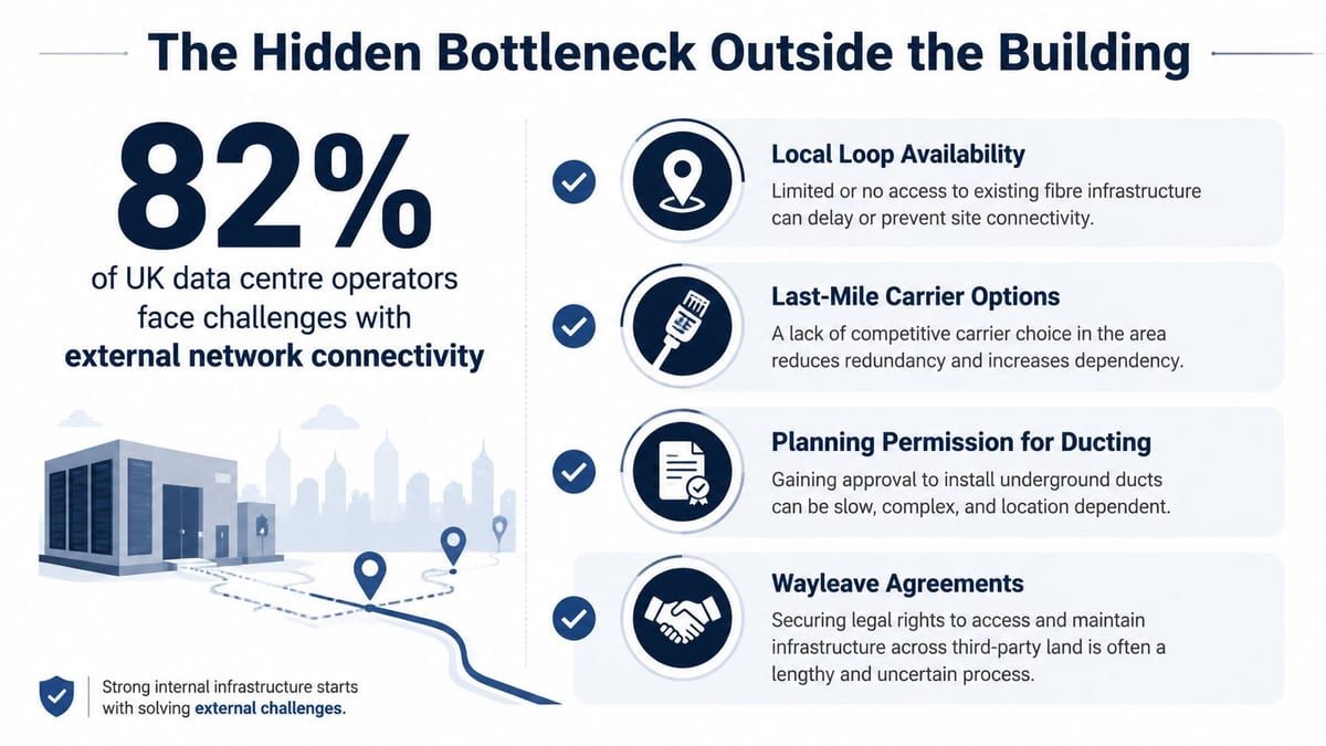 An infographic detailing four major external network connectivity challenges faced by UK data centre operators.