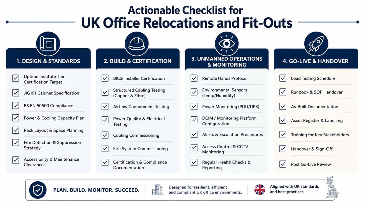 An actionable checklist for UK office relocations and data center fit-outs, covering design, build, monitoring, and handover phases.