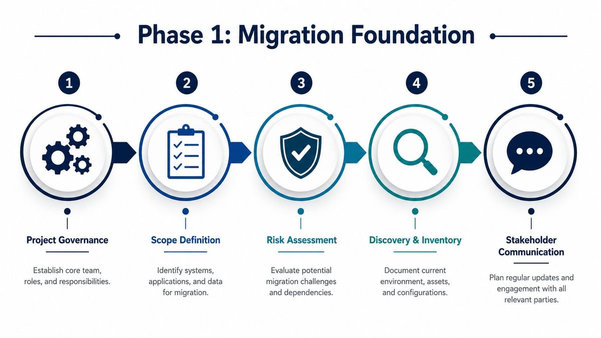 A five-step process diagram illustrating the foundational phase of a data centre migration strategy for business projects.