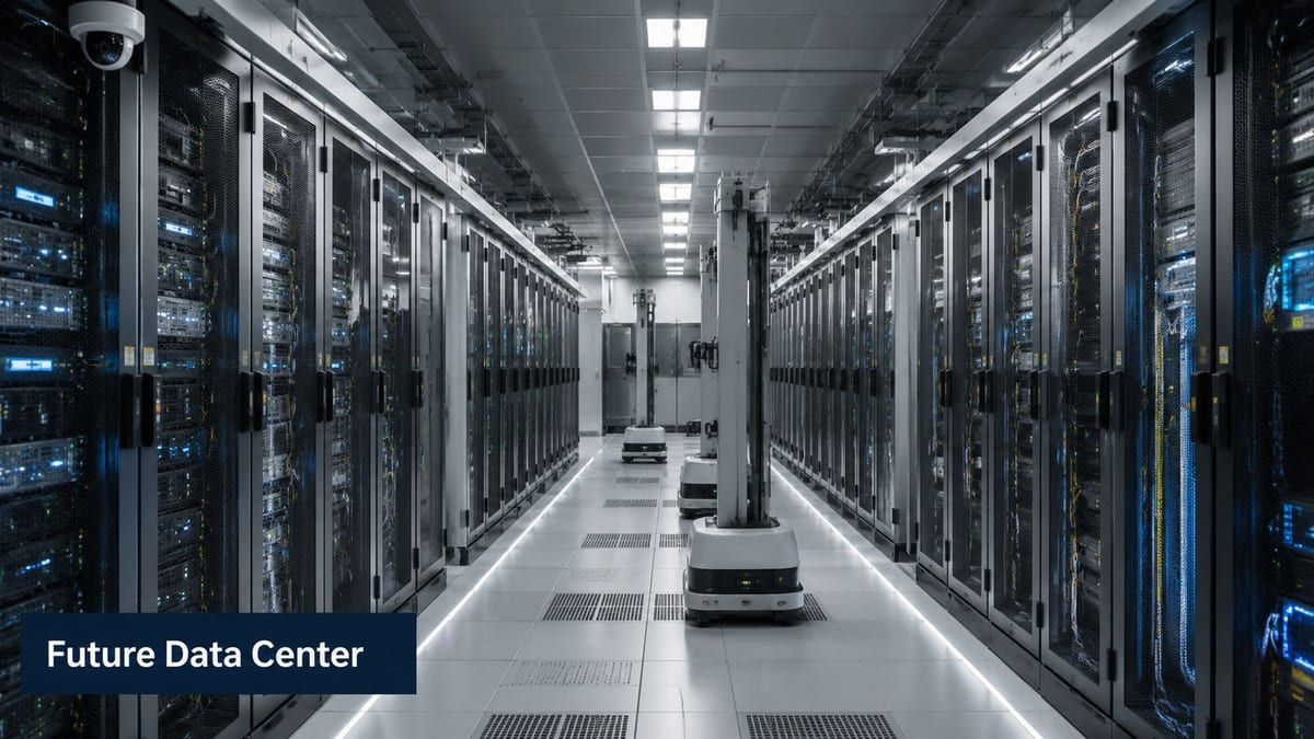 Robotic units operating in an advanced, high-tech server room with rows of networked computer racks.