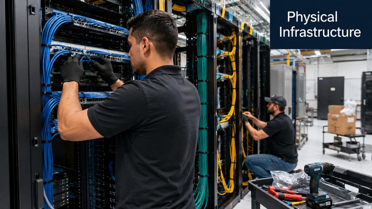 Two professional technicians working on the network cabling and equipment installation inside a modern data center.