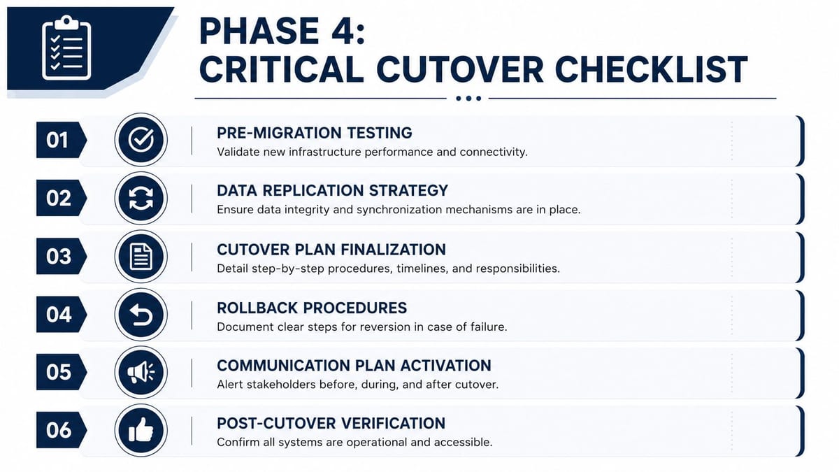 A six-step checklist outlining the critical phases for managing a successful technical infrastructure cutover process.