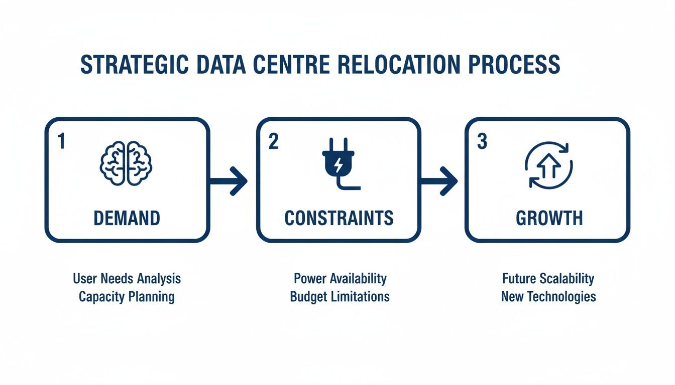Infographic displaying the three-step strategic data centre relocation process: demand, constraints, growth.
