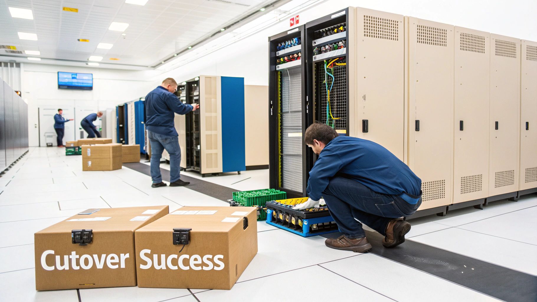 Engineers and technicians perform server installation and setup in a data center during a successful cutover.