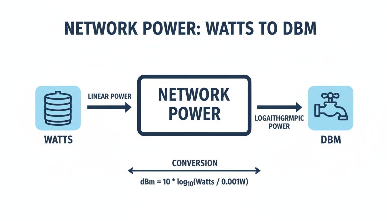 Diagram illustrating the conversion of network power from Watts (linear) to dBm (logarithmic) with a formula.