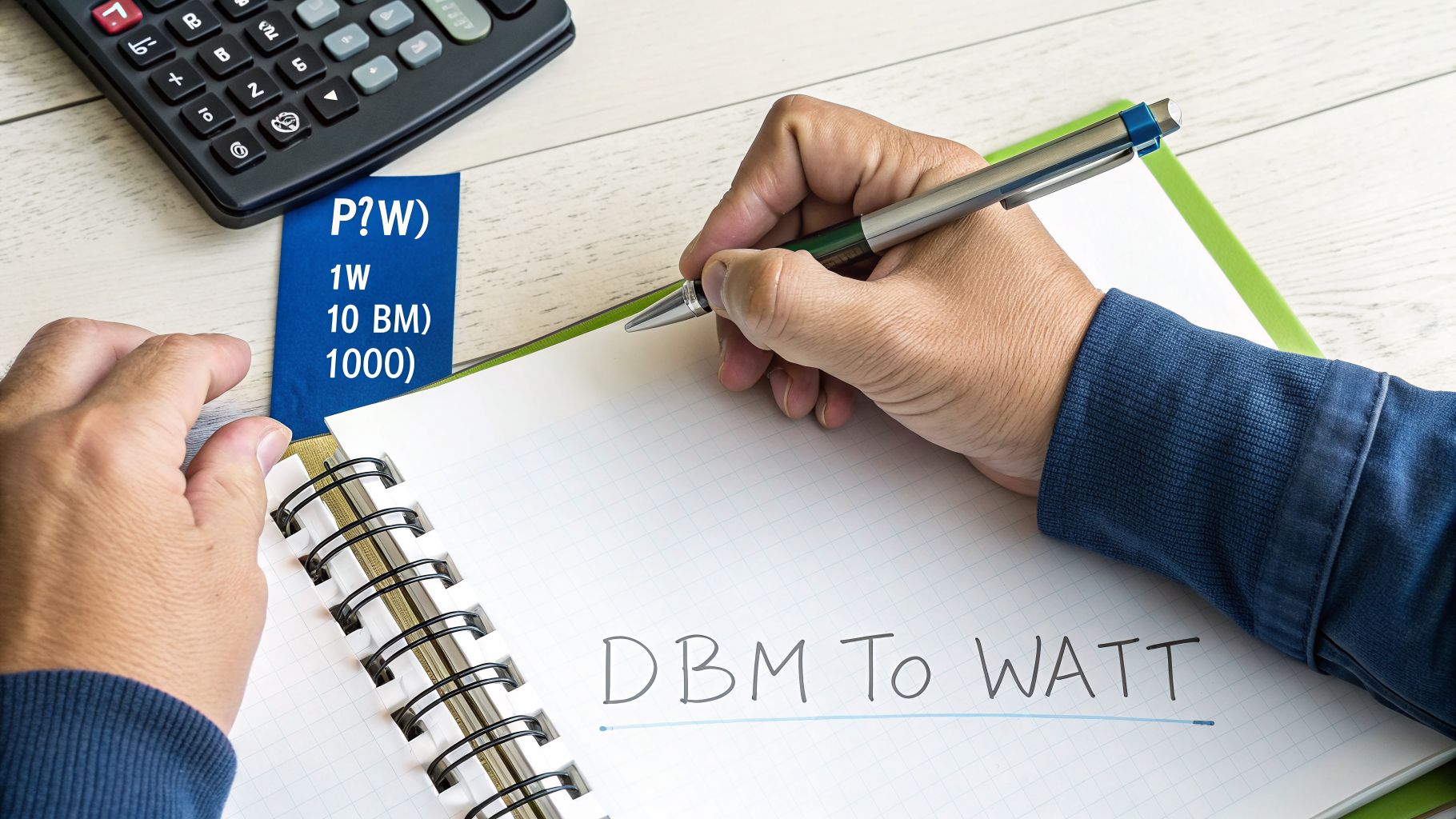 A person writes "DBM To WATT" in a notebook with a calculator and conversion notes nearby.