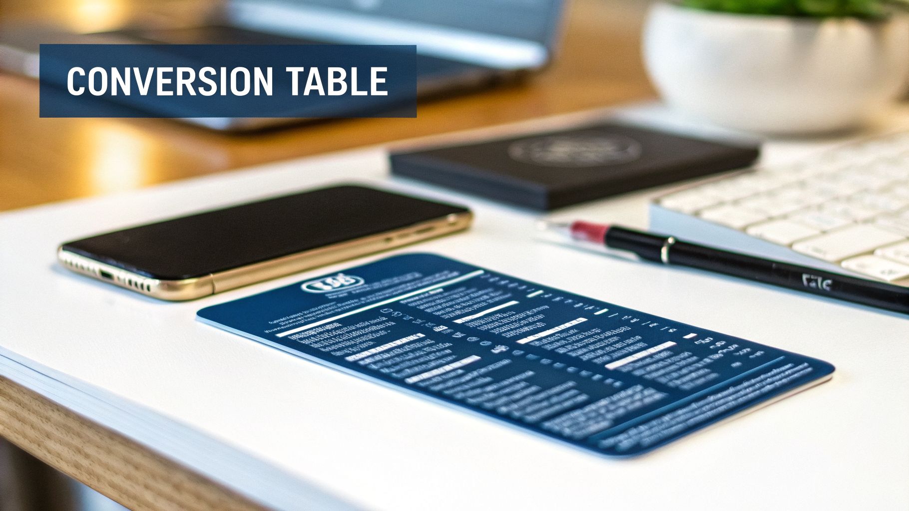 A neatly arranged desk featuring a smartphone, a blue conversion table card, a pen, and a keyboard.