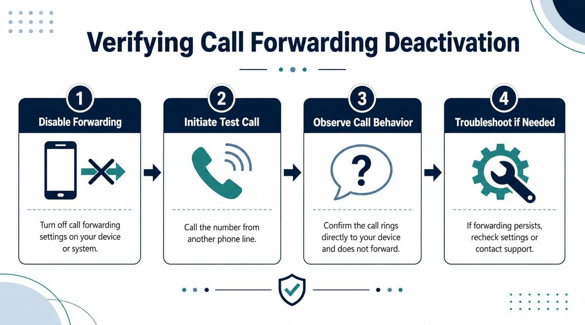 An infographic showing a four-step process for verifying that call forwarding has been successfully disabled.