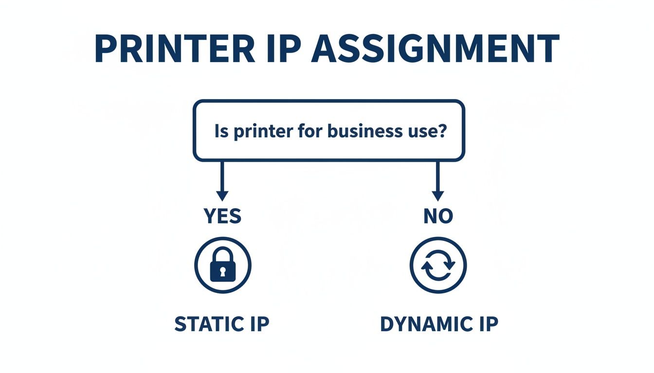 Flowchart illustrating printer IP assignment, suggesting static IP for business use and dynamic IP for personal.