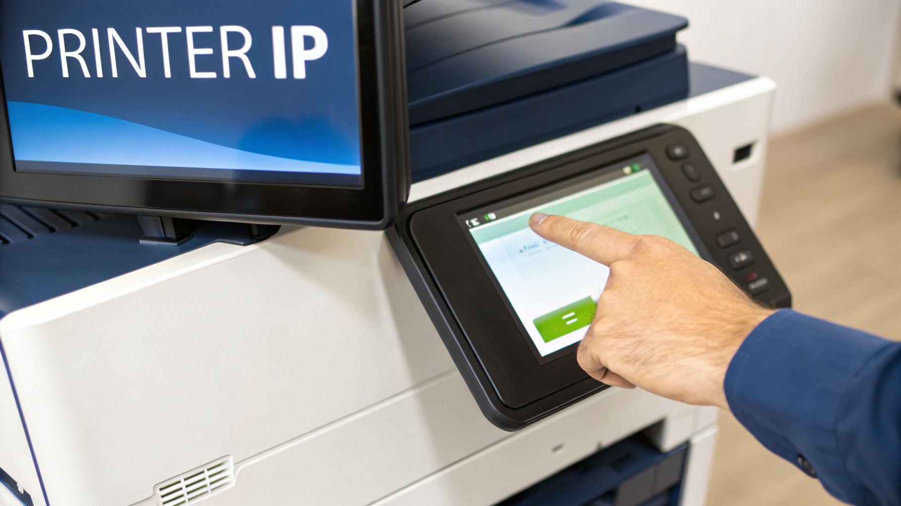A hand interacts with a printer's touchscreen, while another screen displays 'PRINTER IP'.