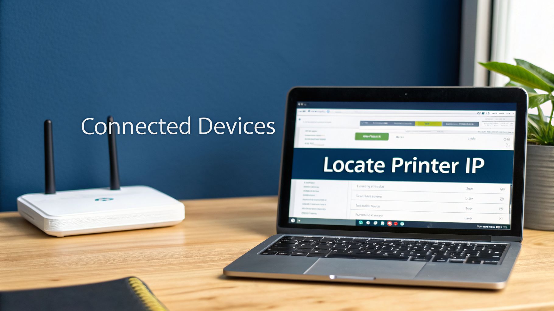 A laptop displaying 'Locate Printer IP' next to a white router, on a wooden desk.