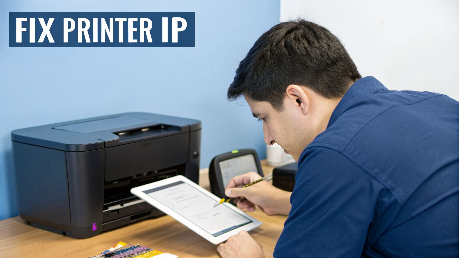 A man uses a stylus on a tablet to fix a printer next to him, with text 'FIX PRINTER IP'.