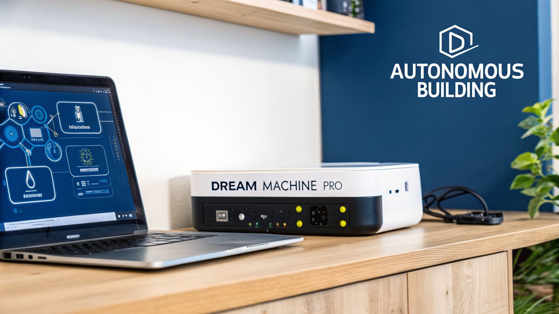 A laptop displaying a smart building diagram next to a Ubiquiti Dream Machine Pro on a desk.