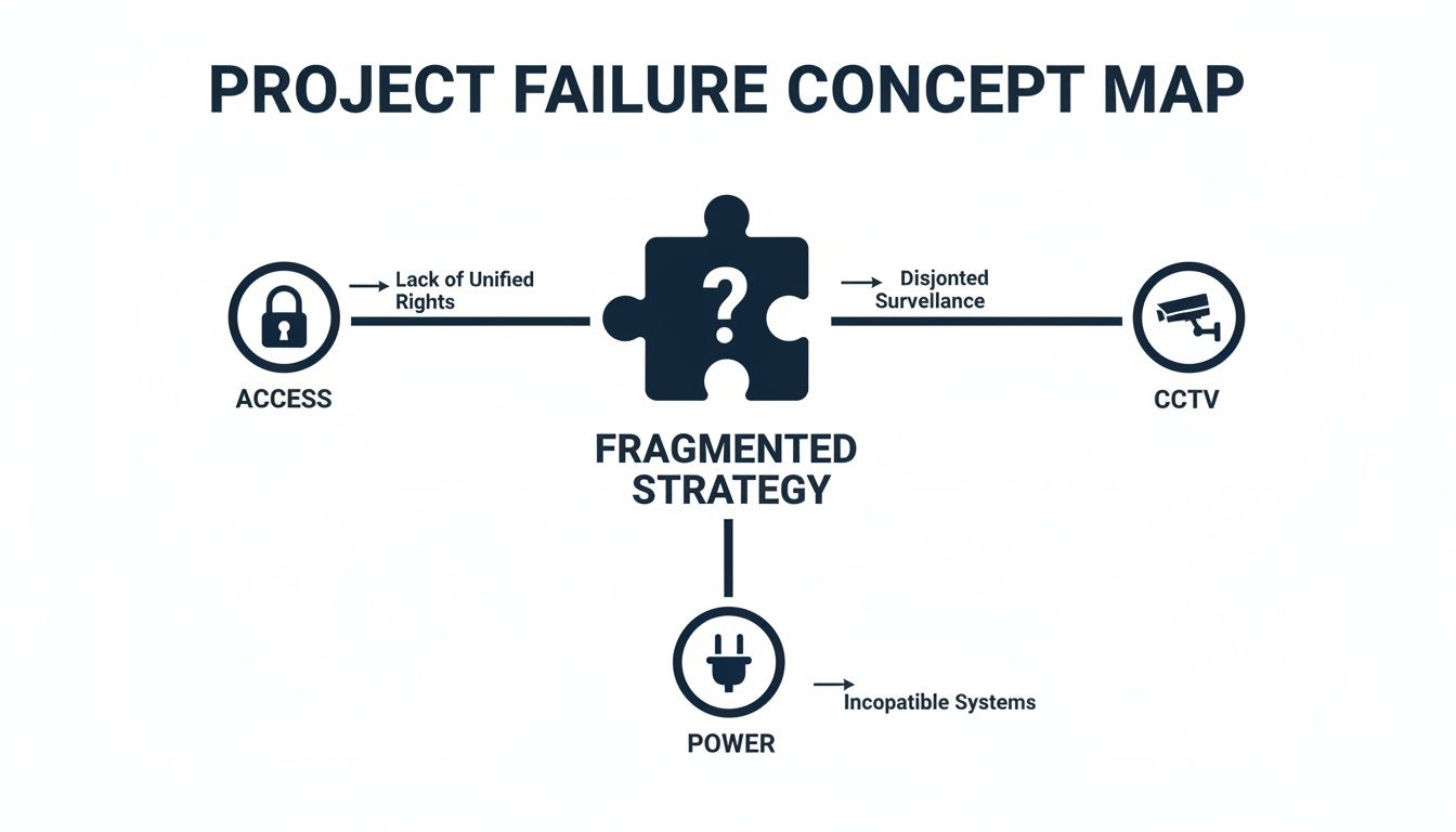 A concept map illustrating fragmented strategy as a cause of project failure, linking to issues in access, CCTV, and power.