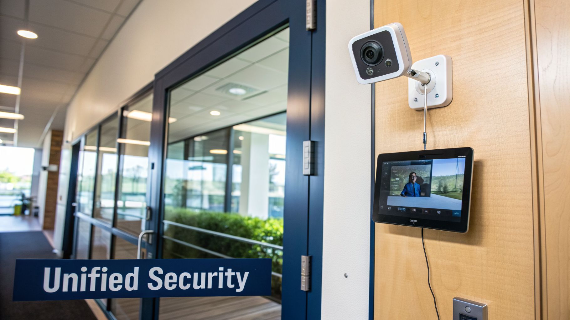 A unified security system with a camera and tablet showing live video feed, mounted next to a glass door.