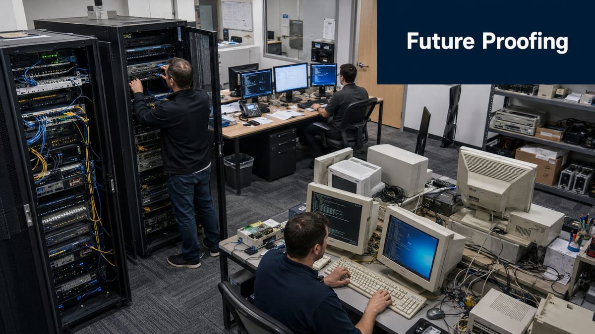 Three IT professionals work on server equipment and computers in a modern data center office setting.