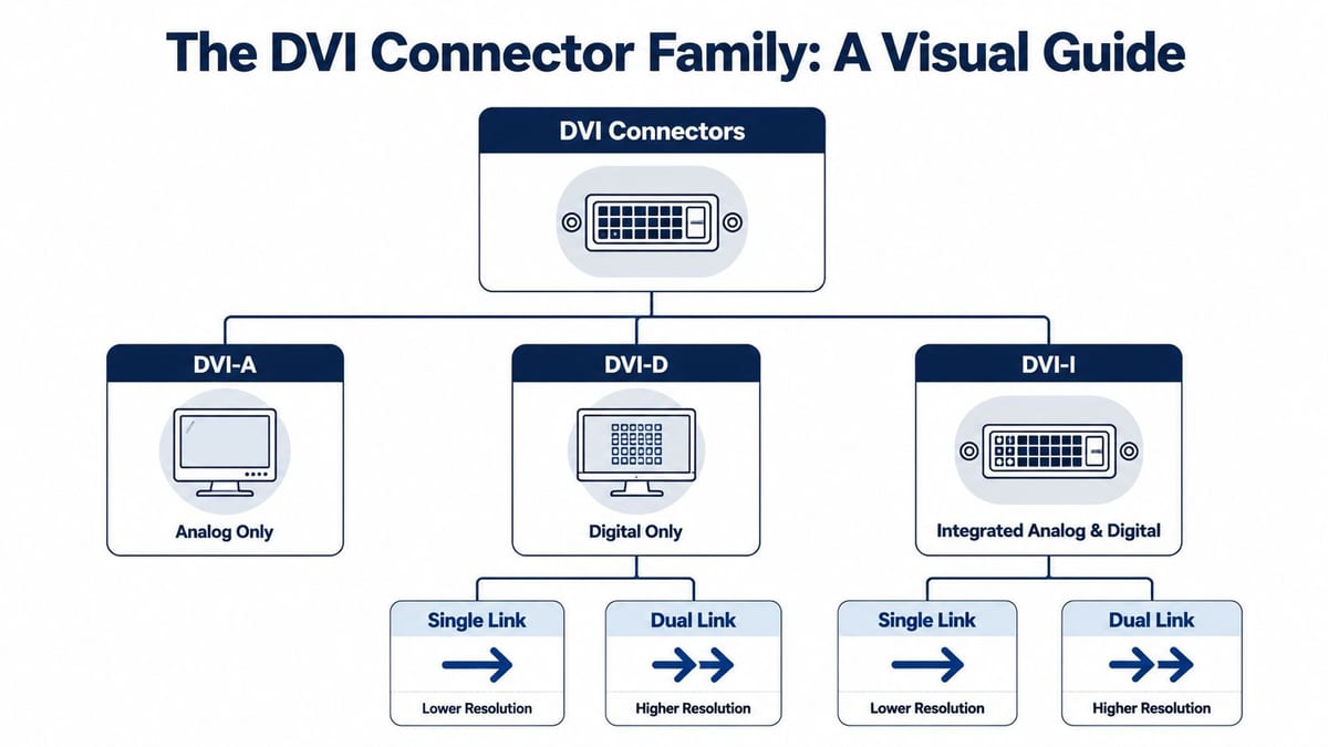 An infographic chart displaying the DVI connector family including DVI-A, DVI-D, and DVI-I types.