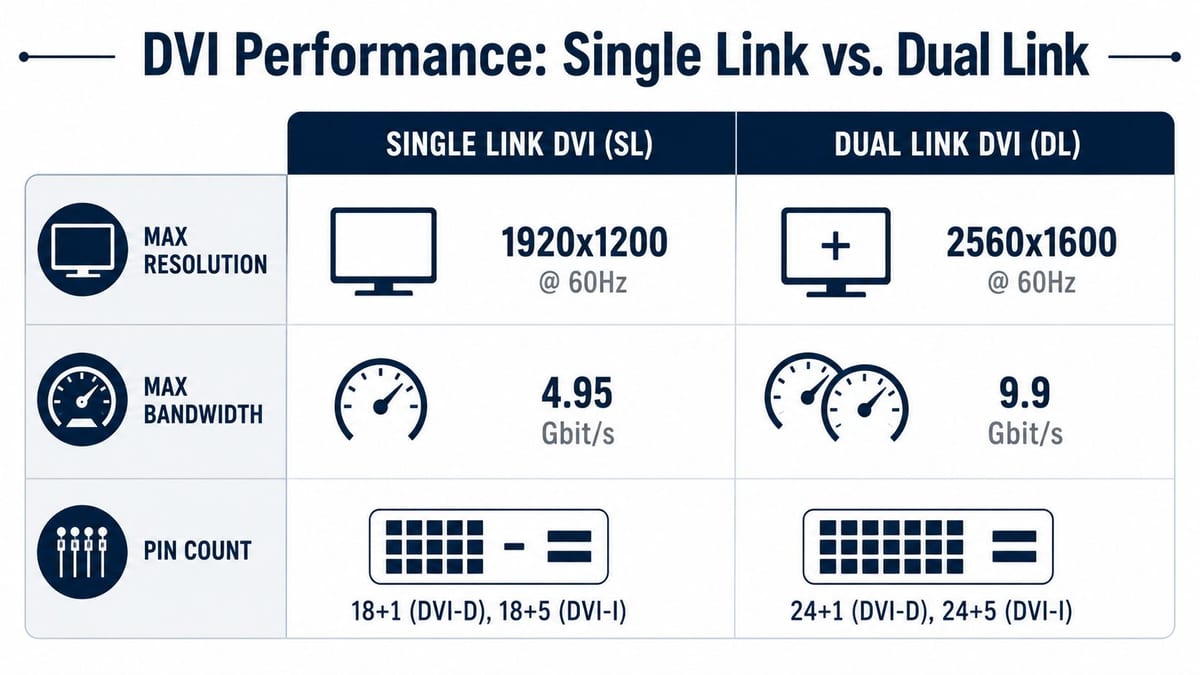 A comparison chart showing performance differences between Single Link and Dual Link DVI cables and connectors.