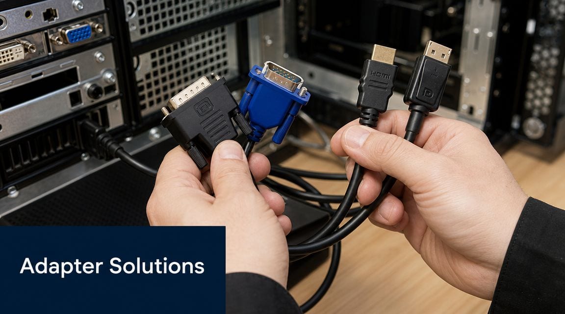 A person holding various computer video cables including DVI, VGA, HDMI, and DisplayPort in front of server hardware.