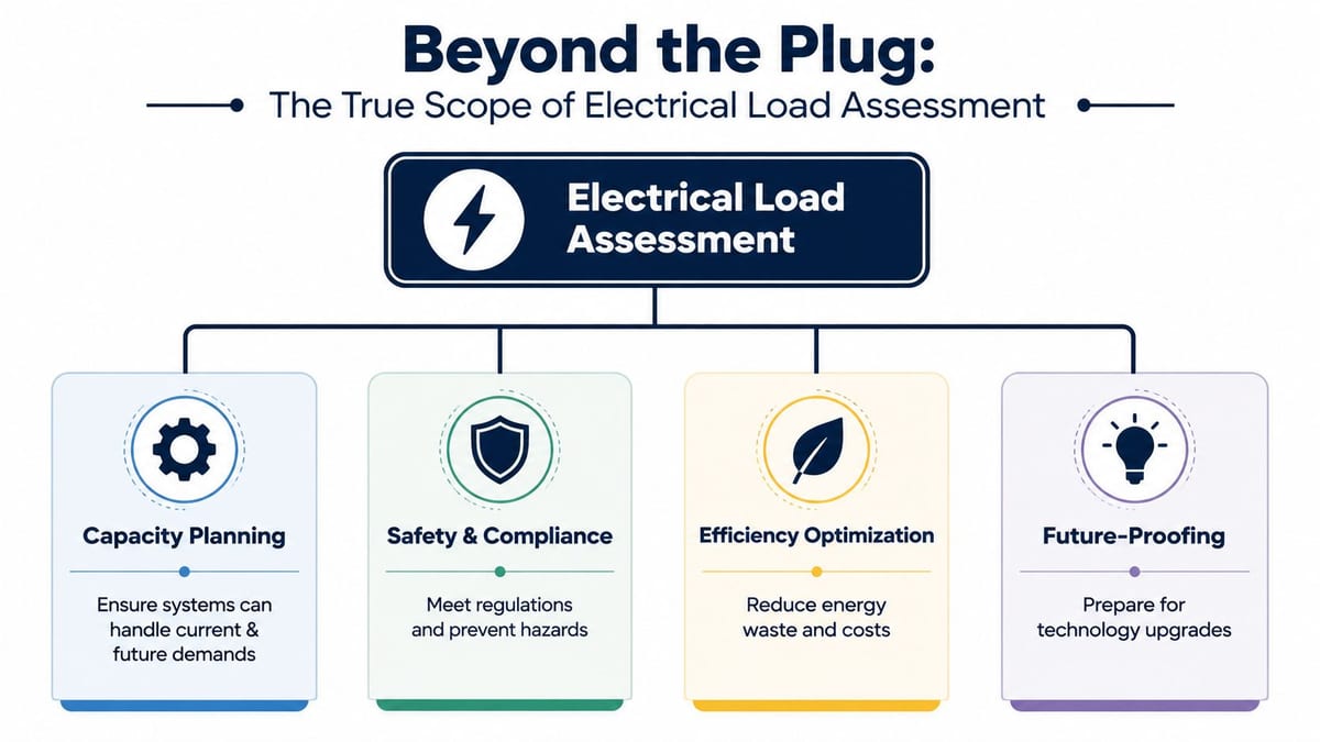 An infographic titled Beyond the Plug illustrating the key components of electrical load assessment including capacity planning, safety, efficiency, and future-proofing.
