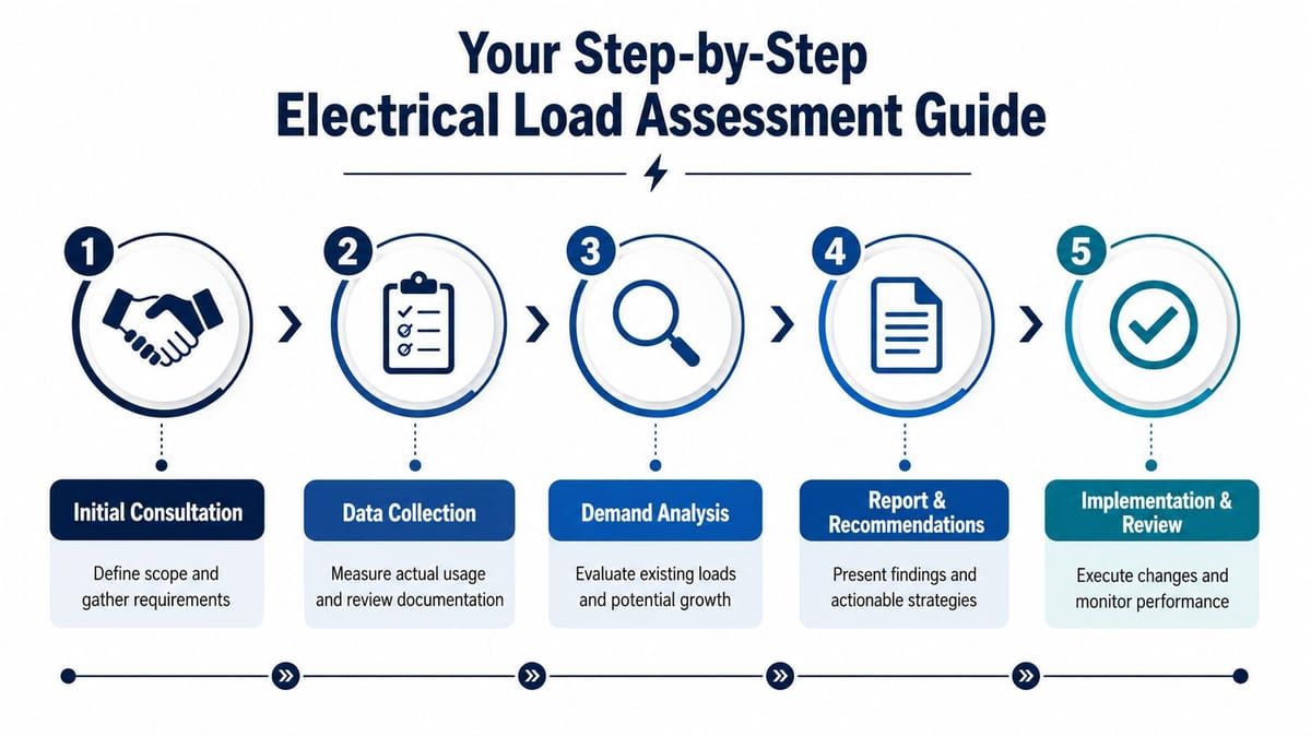 A five-step infographic guide detailing the electrical load assessment process for facility management and planning.