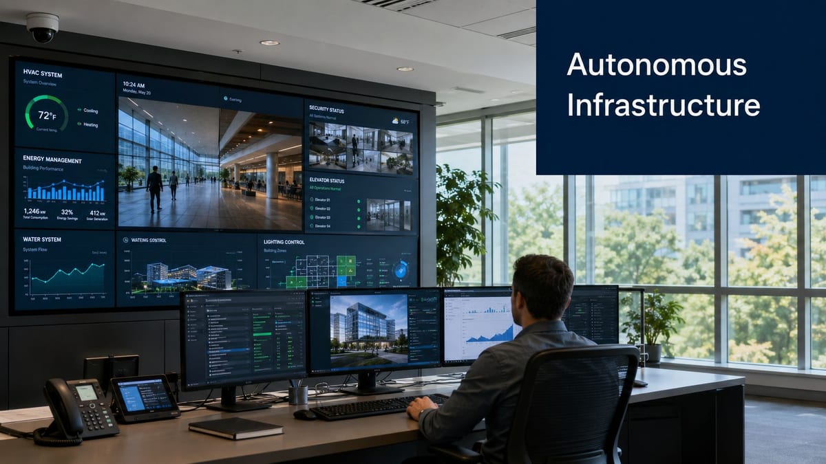 A professional monitoring an office building control center featuring multiple dashboard screens for infrastructure management.