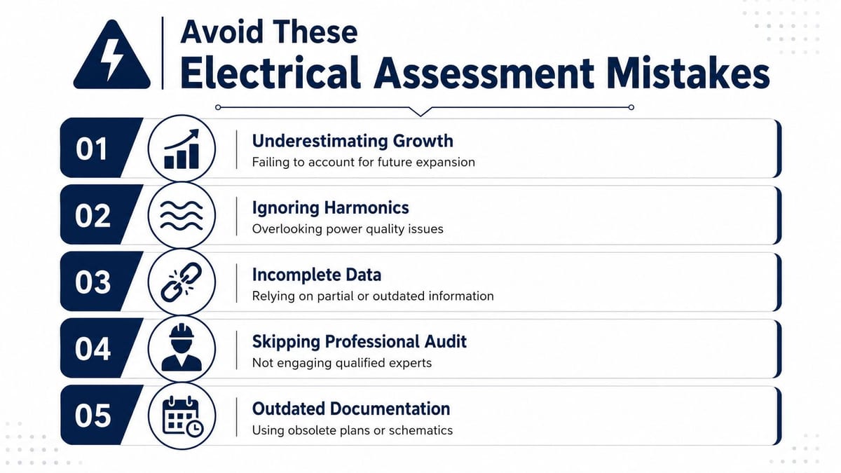 A list of five common electrical assessment mistakes including underestimating growth, ignoring harmonics, and using outdated documentation.
