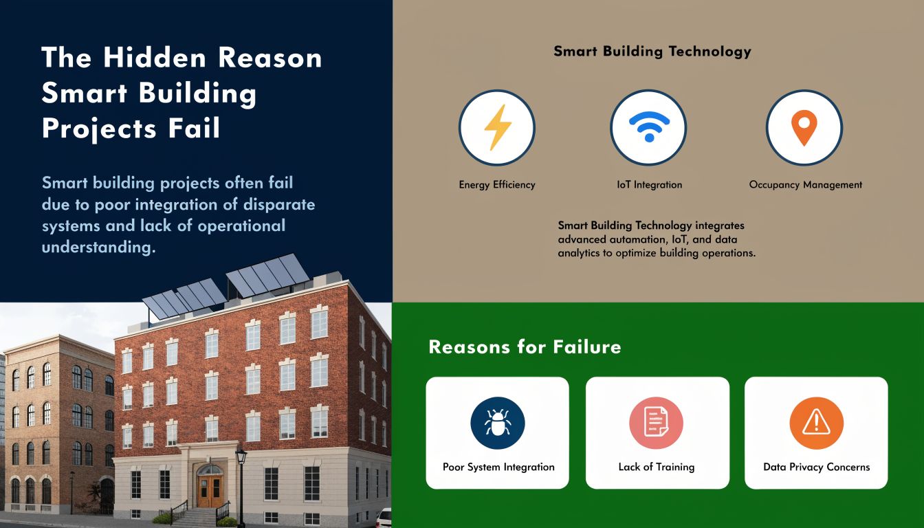 An infographic detailing why smart building projects often fail due to integration and operational issues.