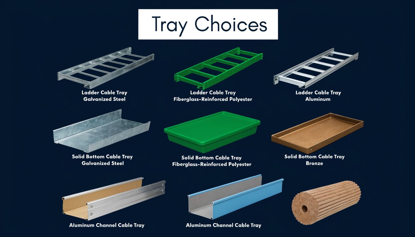 An infographic showing various types of electrical cable trays categorized by material and design style.