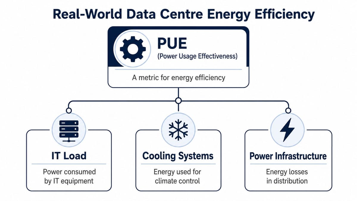 A diagram illustrating Power Usage Effectiveness (PUE) as a metric for measuring energy efficiency in data centres.
