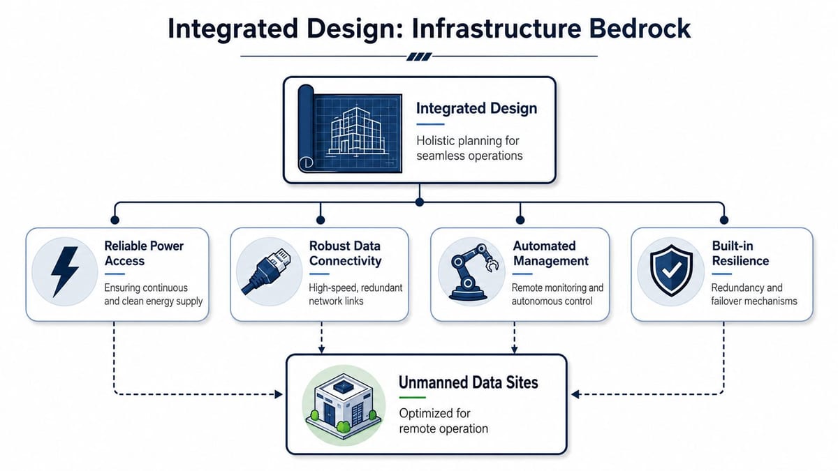 A diagram illustrating the four key pillars of integrated infrastructure design for unmanned, remote data centers.