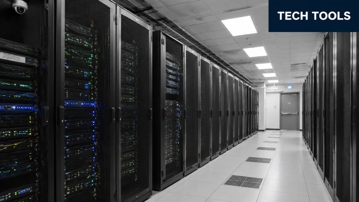 Rows of black server racks with blinking lights inside a modern, organized data center facility.