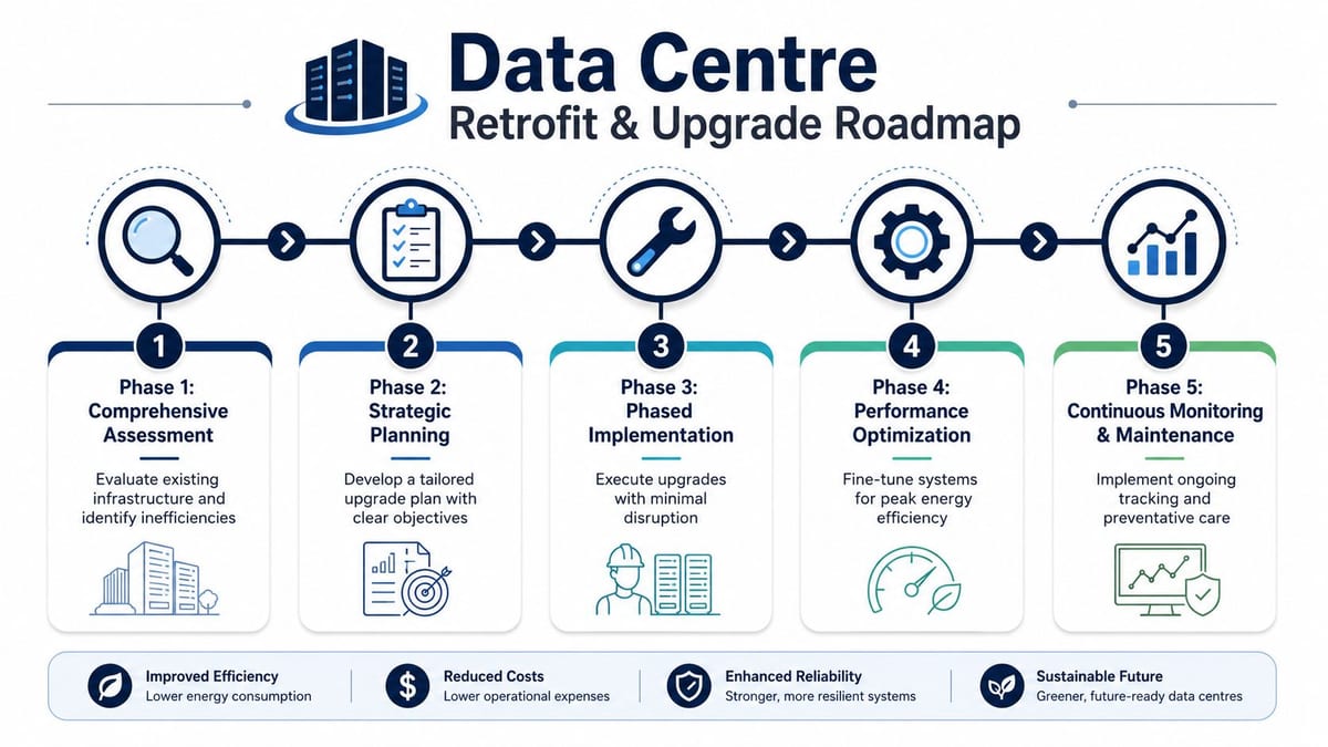 A data centre retrofit and upgrade roadmap infographic illustrating five phases of infrastructure improvement and sustainable performance.