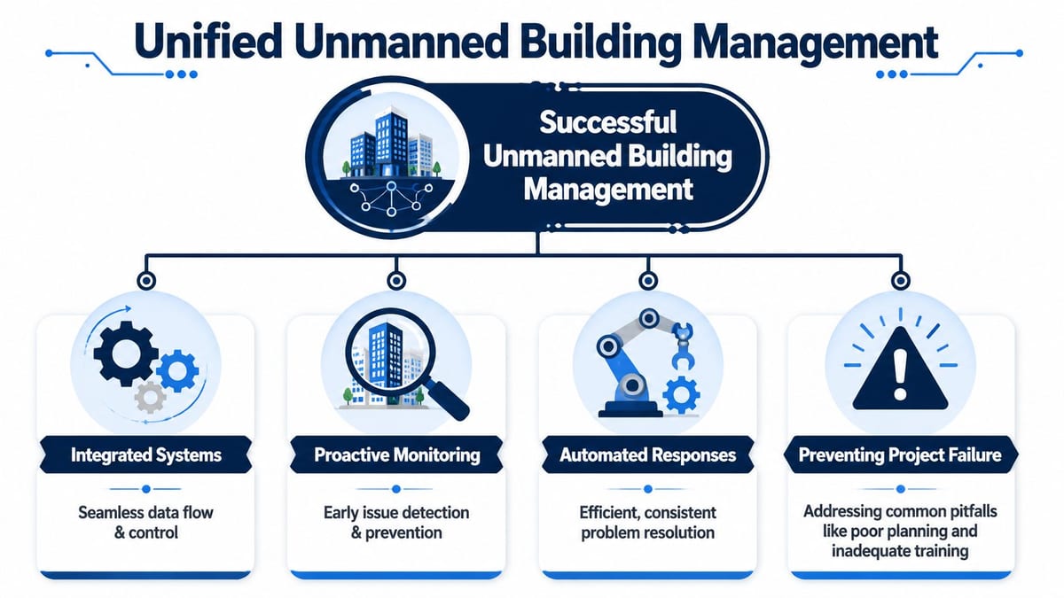 A diagram illustrating the four key components of Unified Unmanned Building Management for efficient facility operations.
