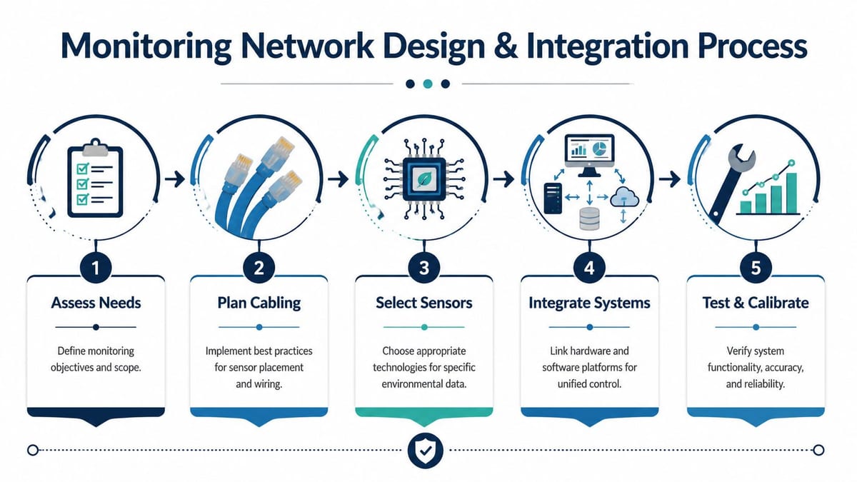 A five-step flowchart illustrating the monitoring network design and integration process for environmental systems.
